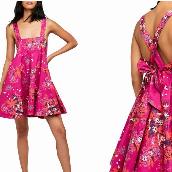 FREE PEOPLE COTTON BABYDOLL SQUARE NECK MINI DRESS IN POP COMBO FLORAL POP COMBO - Picture 4 of 13